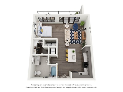 Floor plan for 1 bed, 1 bath, 700 sqft